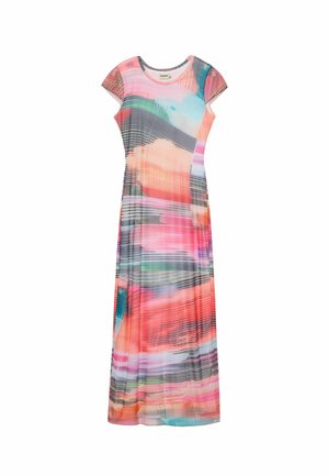 Abito lungo a maniche corte con strisce astratte multicolori in rosa, arancione, verde acqua, grigio e nero su sfondo bianco.