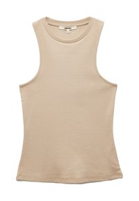 Beige ribbad linne, ärmlös design, rund halsringning, gjort av stretchigt tyg med slät yta och ren finish vid fållen.