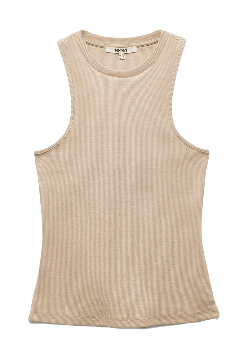 Beige ribbad linne, ärmlös design, rund halsringning, gjort av stretchigt tyg med slät yta och ren finish vid fållen.