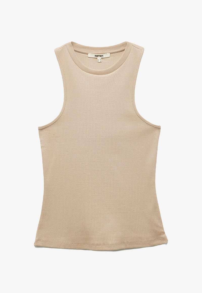 Beige gerippter Tanktop, ärmelloses Design, runder Halsausschnitt, aus dehnbarem Stoff mit glatter Textur und sauberer Verarbeitung am Saum.