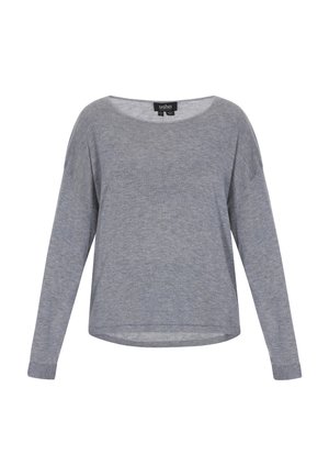 Grijze sweater met lange mouwen, brede halslijn, losse pasvorm en geribbelde cuffs; gemaakt van zacht materiaal met een subtiele textuur.