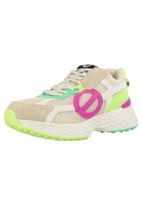 Beige Mesh- und Wildleder-Sneaker mit Akzenten in Neon-Grün, Pink und Hellblau; strukturierte Sohle und Logo-Detail an der Zunge.