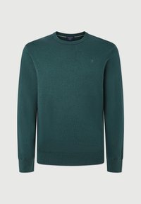 Pull en tricot vert foncé à col rond avec manches longues, doté d'un ourlet et de poignets ajustés, et d'un petit logo brodé sur la poitrine.