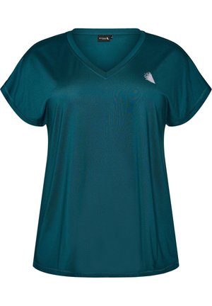 Tyrkysové dámske športové tričko s krátkym rukávom a výstrihom do V s malým bielym abstraktným logom na ľavom hrudníku.