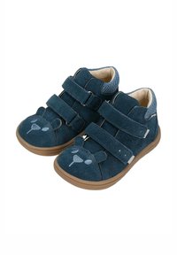 Scarpe mezza alte in suede blu con due cinturini in Velcro, suole in gomma e design a faccia d'orso sulla punta. Fodera morbida e dettagli testurizzati.