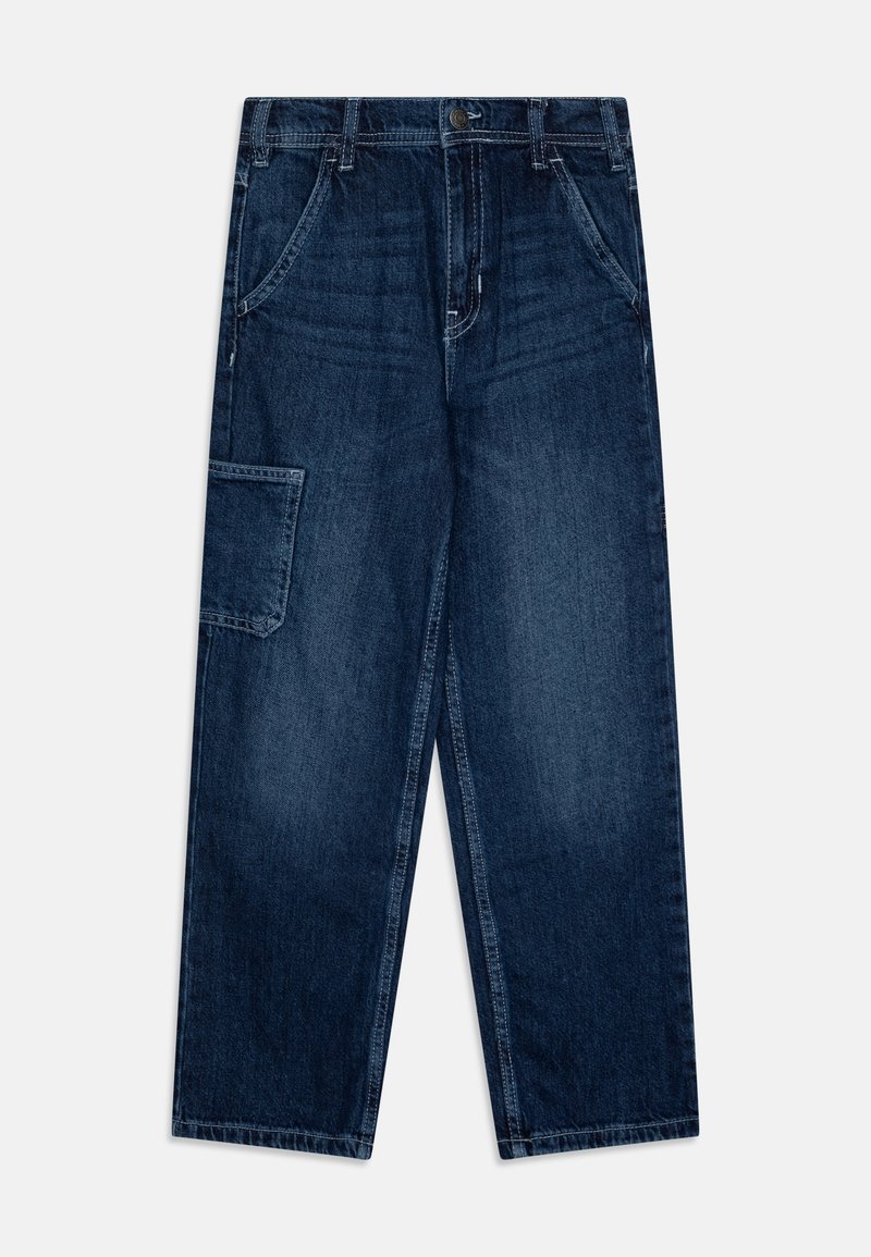 Jean en denim bleu foncé avec une jambe large, une poche cargo latérale gauche, des poches avant, des passants de ceinture et une fermeture par bouton.
