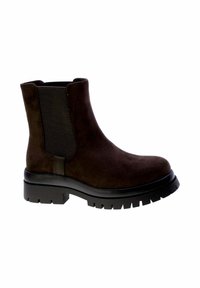 Stivali alla caviglia in suede marrone con pannelli elastici testurizzati e una suola nera spessa e robusta. Finitura liscia e design con punta arrotondata.