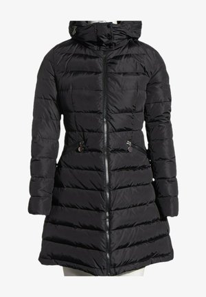 Abrigo de invierno negro largo acolchado con cremallera frontal, bolsillos con cremallera, cuello alto y capucha ajustable.