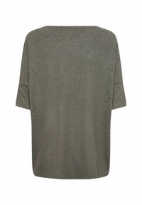 T-shirt vert olive, à coupe ample, à manches courtes, avec un col rond, une texture douce et un motif légèrement moucheté dans le dos.