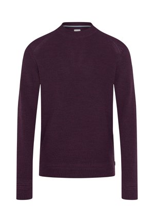 Lila Langarmpullover aus geripptem Strick, mit hohem Kragen und subtilen Nahtdetails an den Schultern. Glatte Textur, minimalistisches Design.