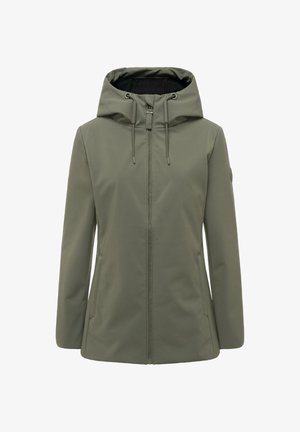 Giacca con cappuccio da donna verde oliva con cerniera frontale, cappuccio con coulisse e tasche laterali, mostrata su sfondo bianco.