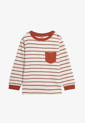 Kreem värvi pikkade varrukatega puuvillane t-särk horisontaalsete roostepruunide triipudega, millel on rinna tasku ja ribadest kaelus, millel on trukknupud.