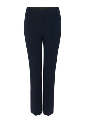 Pantaloni navy blue su misura realizzati in tessuto liscio, con un design a gamba dritta e pieghe frontali per un tocco di dettaglio.