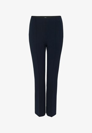 Pantaloni navy blue su misura realizzati in tessuto liscio, con un design a gamba dritta e pieghe frontali per un tocco di dettaglio.
