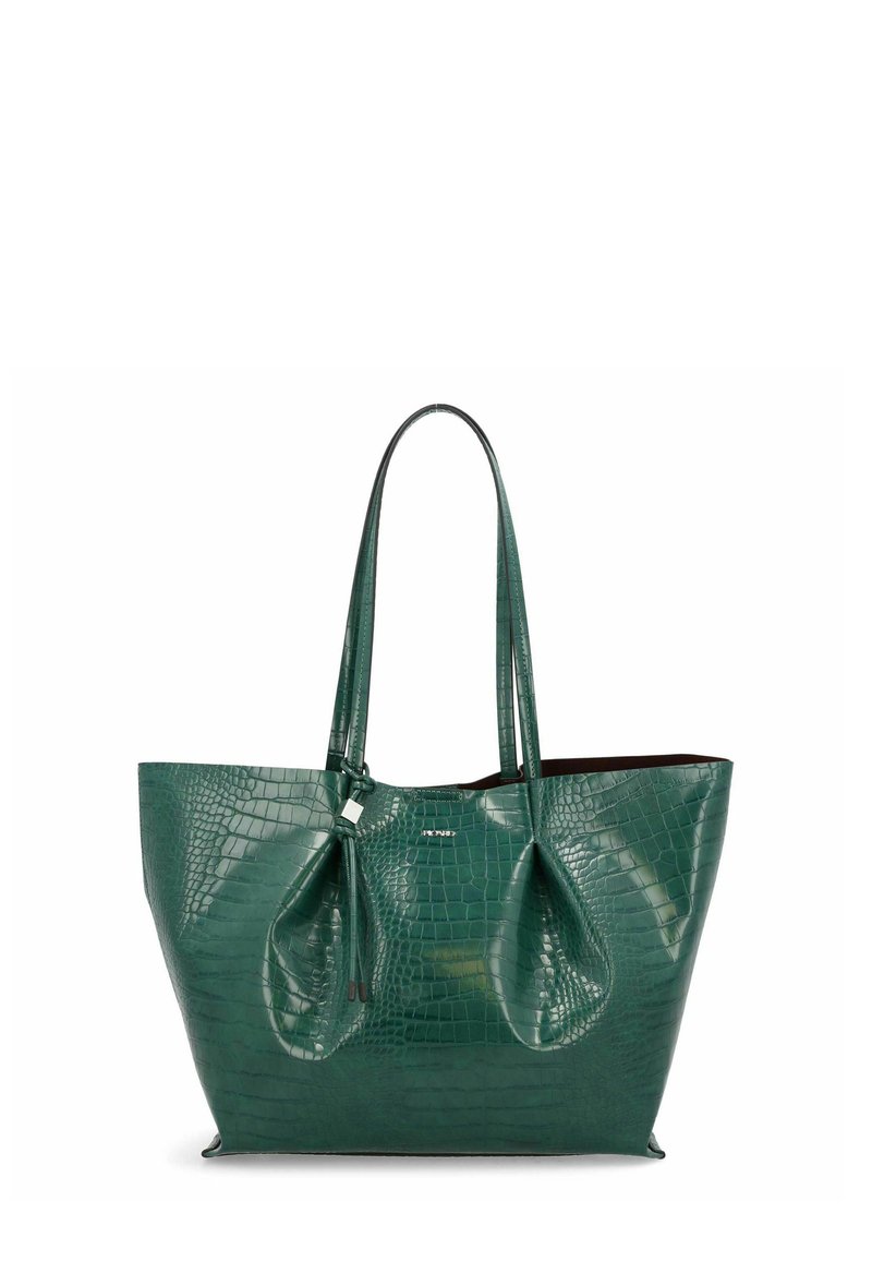 Groene neplederen krokodillen handtas met twee lange handgrepen, featuring een geplooide design en een donkere binnenkant. Glad, glanzend textuur.