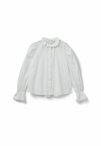 Weißes Bluse mit einem gerafften Kragen und Eingrifftaschen. Sie hat lange Ärmel mit ausgestellten, geschwungenen Manschetten. Hergestellt aus leichtem Stoff.
