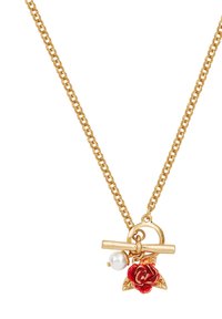 Gold chain necklace with toggle clasp, featuring a red rose charm with gold leaves and a small white pearl pendant.