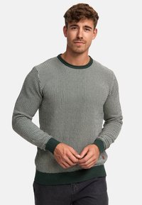 Grøn- og hvidstribet sweater med ribbet halsudskæring og manchetter. Strikket tekstur med lange ærmer, der har en lille logo detalje på siden.