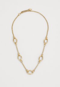 Collana in tono oro con maglie ovali e rotonde collegate tra loro, caratterizzata da piccoli dettagli decorativi e una chiusura sicura sul retro.