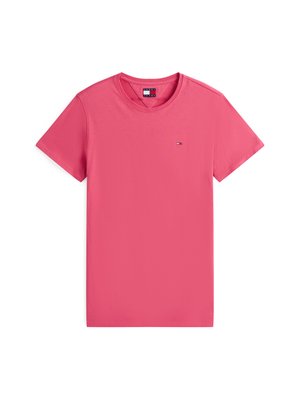 Camiseta de manga curta em algodão rosa brilhante, com decote redondo e um pequeno logotipo na área do peito esquerdo. Textura suave, design minimalista.