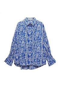 Blue floral patterned long-sleeve shirt with a collared neckline and ruffled cuffs, made from a lightweight fabric.