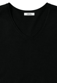 Maglione nero a scollo a V realizzato in tessuto morbido, con una texture liscia e un design semplice. L'etichetta riporta "CECIL" al collo.