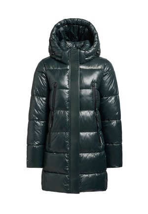 Dark green shiny quilted puffer coat with a high collar, attached hood, and zippered pockets on a white background.