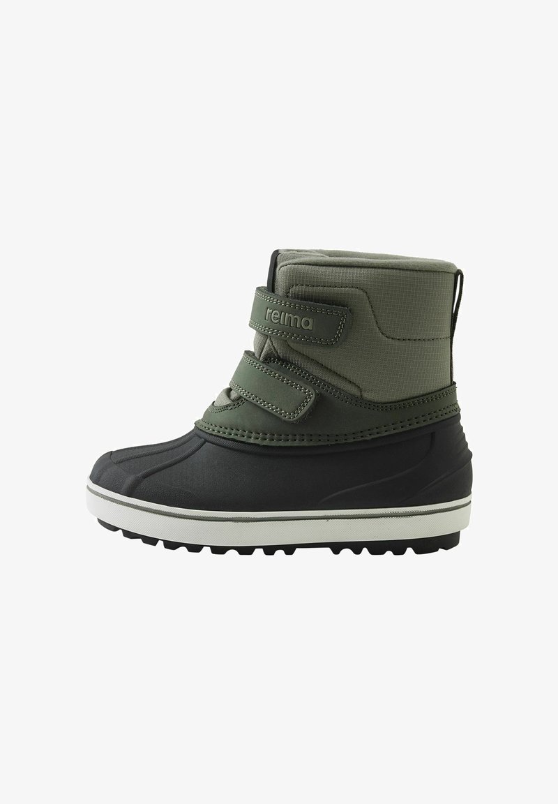 Stivaletto invernale impermeabile verde e nero con tomaia texturizzata, cinturini in velcro e suola in gomma. Presenta un colletto imbottito per il comfort.