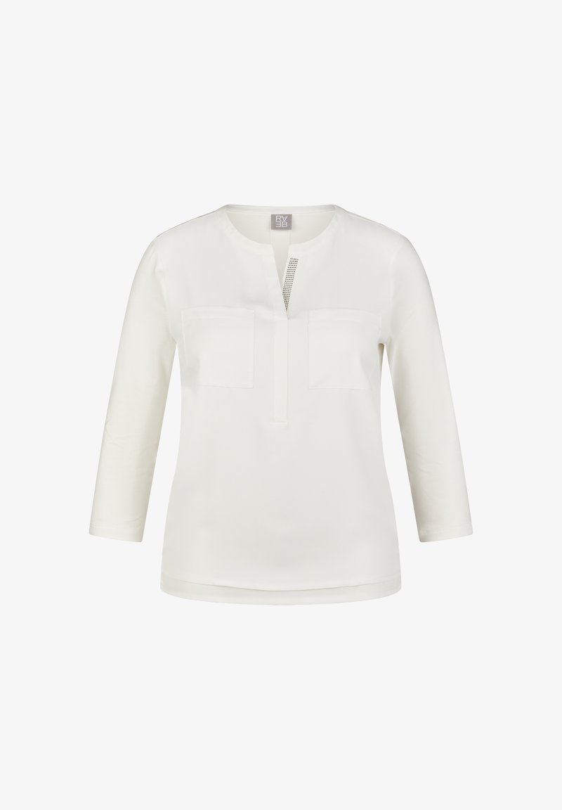 Weißes Langarmblusenshirt mit Rundhalsausschnitt, Knopfleiste vorne und zwei Brusttaschen. Glatte Textur mit leichtem Glanz.