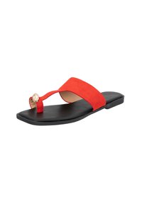 Red suede flip-flop sandal with a wide strap and a round metallic detail. Black flat sole with slight texture for grip.