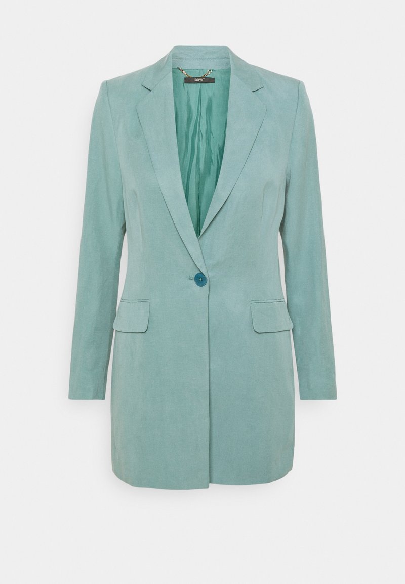 Blazer vert d'eau clair à un bouton avec col à revers crantés, manches longues et deux poches avant à rabat, présenté sur fond blanc.