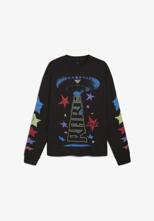 Zwart langsliepend shirt met kleurrijke alien- en stergraphics en de tekst "RARE". Gemaakt van katoen, met een ontspannen pasvorm, ronde halslijn en omslagmouwen.