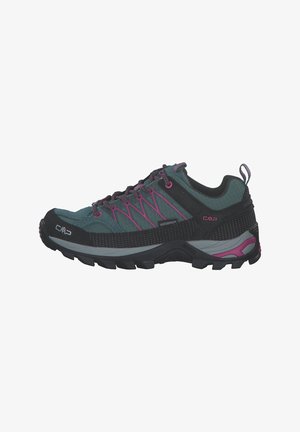 Wasserfeste Wanderschuhe in Türkis und Schwarz, mit pinken Akzenten, strukturiertem Mesh-Obermaterial und einer robusten Gummisohle mit tiefen Profilen.