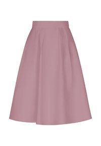 Ein pinkfarbener, knielanger A-Linien-Rock aus glattem Stoff, mit hohem Taillenbund und gefälteltem Design für mehr Volumen.