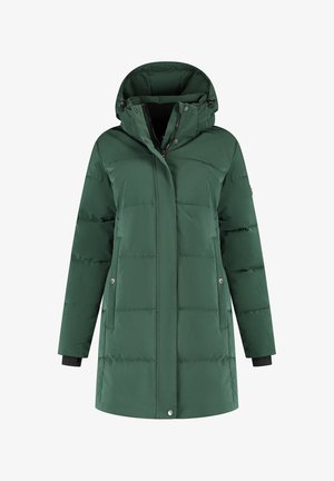 Donkergroene gewatteerde winterjas met capuchon, lange mouwen, ritssluiting aan de voorkant, drukknoopsluiting en zijzakken.