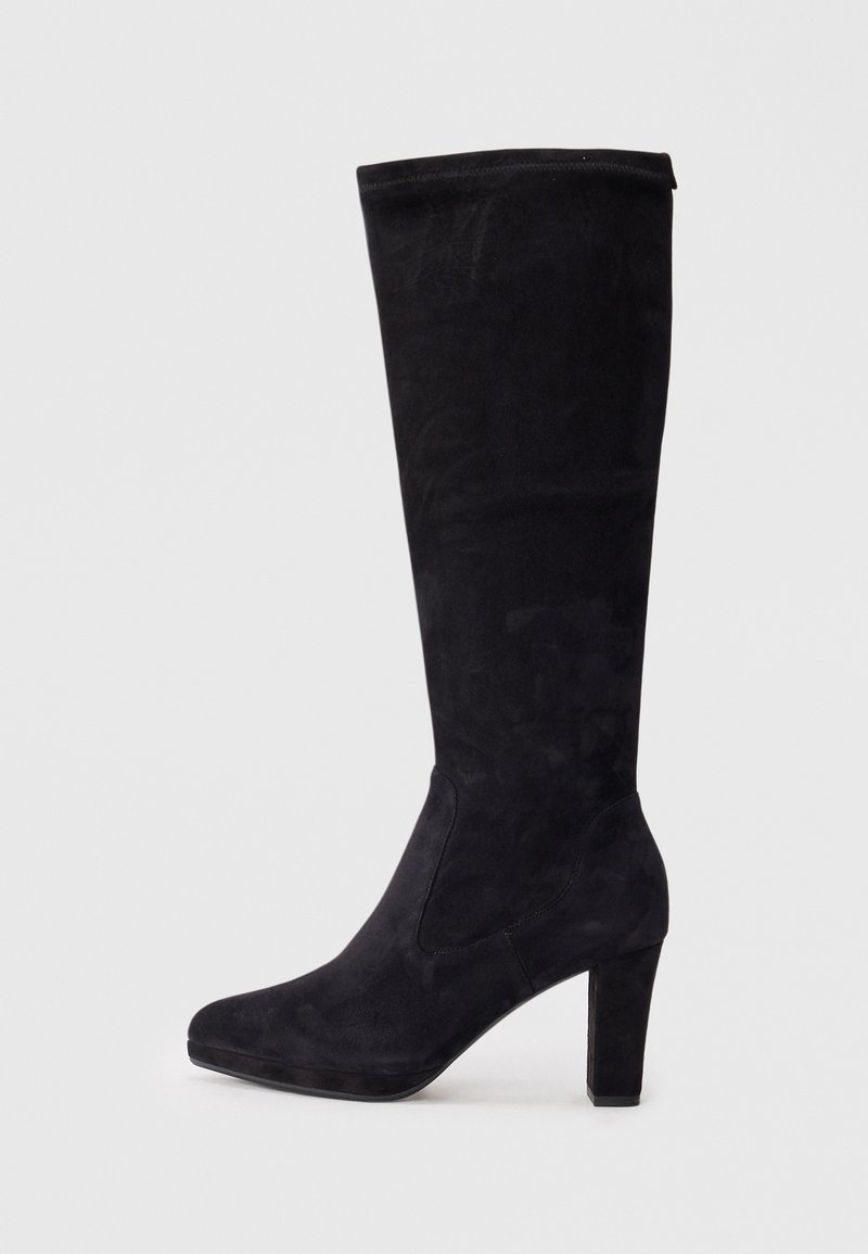 Black knee-high boot made of suede, featuring a sleek shape and a chunky heel. Smooth texture with minimalistic design and no visible hardware.