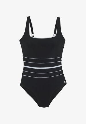 Zwarte eendelig badpak met verstelbare bandjes en witte horizontale strepen over de taille.