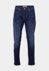 Mörkblå denimjeans med slim fit, med subtila slitningar, knappstängning och klassisk femficksdesign.