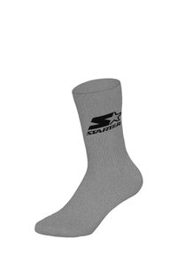 Szara skarpetka za kostkę z prążkowaną fakturą i czarnym logo "STARTER" na jednej stronie.