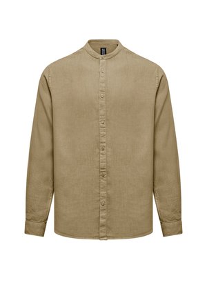 Beige langærmet skjorte med mandarin-krave, med knapper foran og ved manchetterne, lavet af tekstureret stof.
