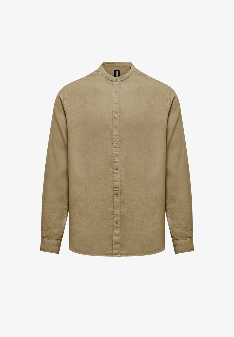 Camicia beige a maniche lunghe con collo alla coreana, con bottoni sul davanti e ai polsini, realizzata in tessuto strutturato.