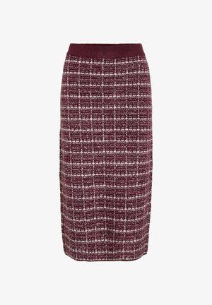 Knie-lange, gerade geschnittene Bleistift-Rock mit bordeaux-rot-weißer Karomusterung und einfarbig bordeaux-rotem Taillenbund.