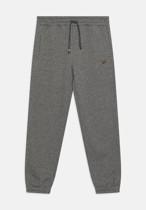 Gray sweatpants with a textured, flecked pattern. Elastic waistband with a drawstring and two side pockets. Finished with elastic cuffs.
