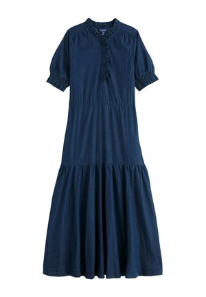 Marineblauwe midi-jurk met korte pofmouwen, gerimpelde V-halslijn, elastische manchetten en een geplooide A-lijn rok.