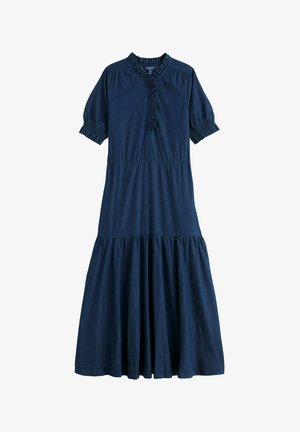 Marineblauwe midi-jurk met korte pofmouwen, gerimpelde V-halslijn, elastische manchetten en een geplooide A-lijn rok.