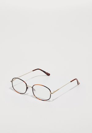 Metal briller med ovale linser, tortoiseshell-ramme, guld accenter og tynde arme med en subtil bøjning og mønstrede spidser.