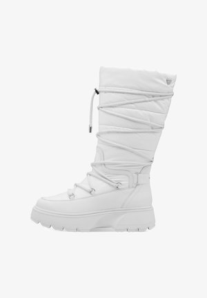 Weiße Winterstiefel mit dicker Sohle, gesteppter Oberseite und überkreuzten Schnürsenkeln, die um den Schaft gewickelt und oben mit einem Kordelzug gesichert sind.