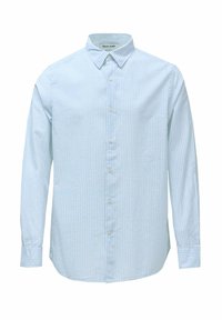 Camicia a maniche lunghe azzurro chiaro con colletto a bottone, caratterizzata da strisce verticali bianche, bottoni frontali e orlo curvo.