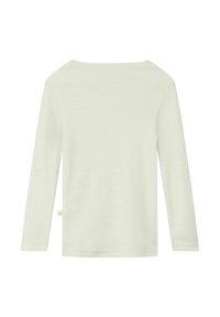 Chemise à manches longues vert clair en tissu côtelé. Dotée d'un décolleté large et d'une petite étiquette de marque sur le côté. Design simple et sans ornement.