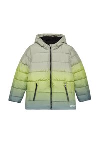 Geplüschte Jacke mit einem Farbverlauf von hellgrün zu dunkelblaugrün, mit Kapuze, Reißverschluss vorne und zwei Seitentaschen.